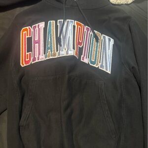 Champion Black Hoodie with Blue Logo